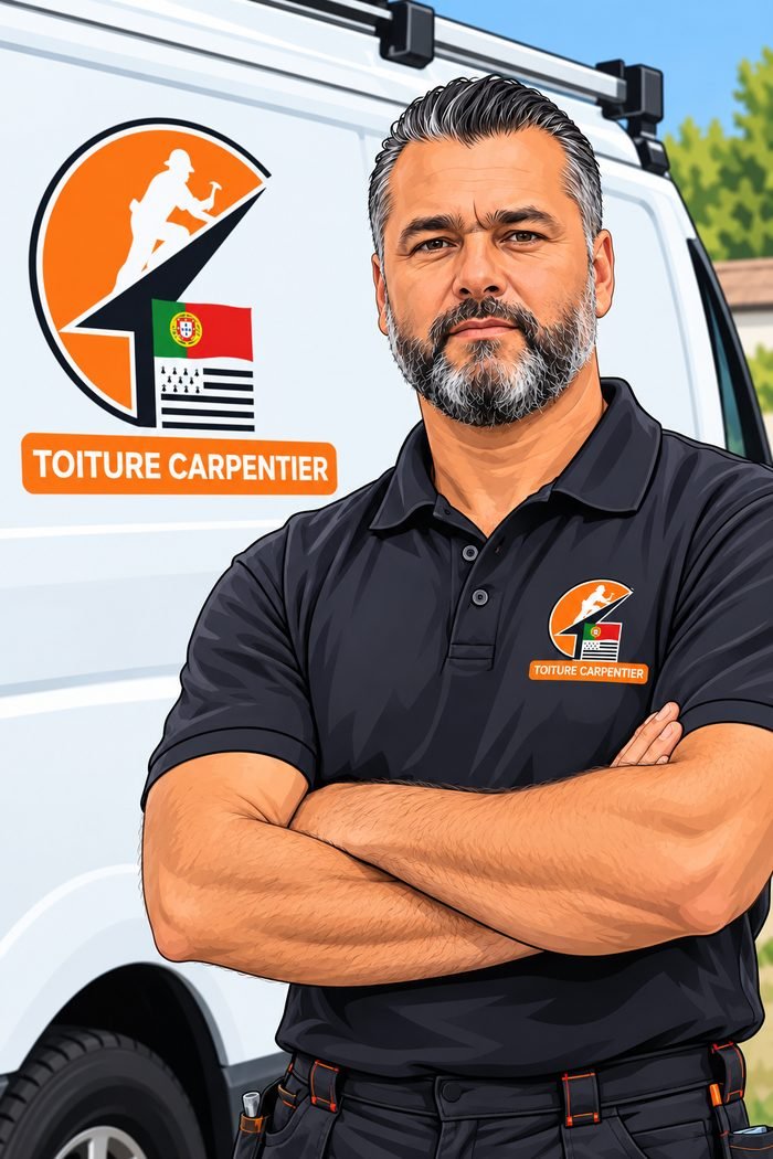 Portrait illustré de l’artisan couvreur devant sa camionnette Toiture Carpentier
