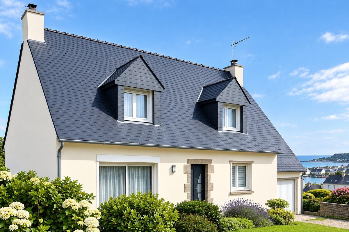 La même toiture en ardoise propre après nettoyage et traitement, maison bretonne avec vue sur la mer