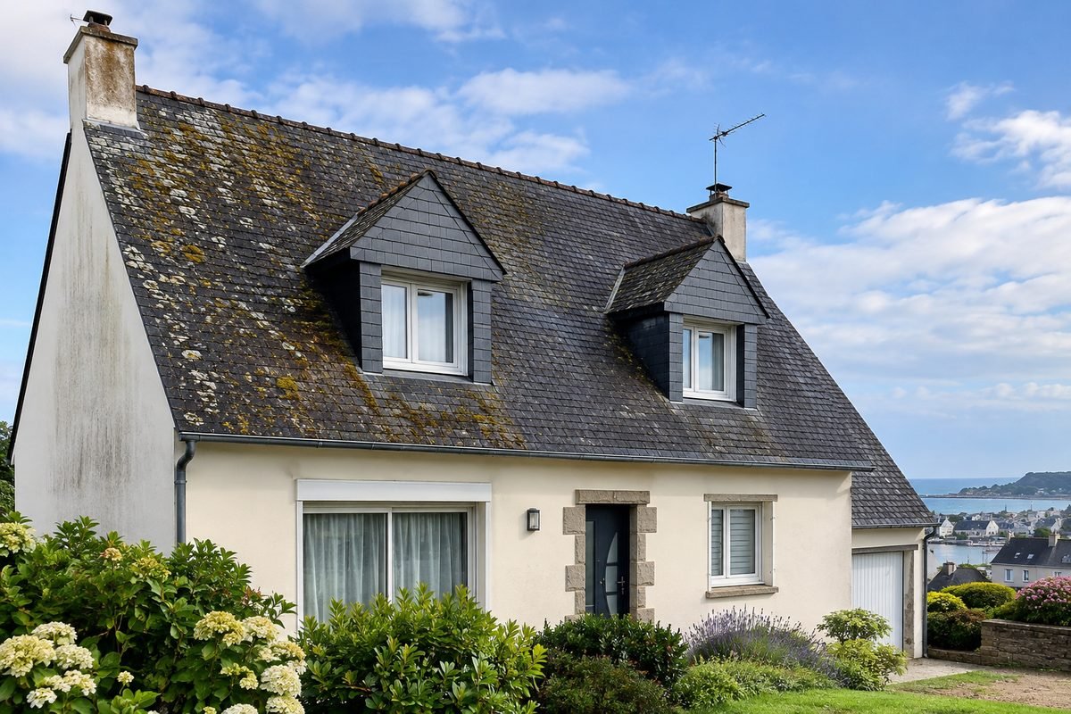 Toiture en ardoise recouverte de mousses et de lichens sur une maison bretonne avec vue sur la mer, avant les travaux