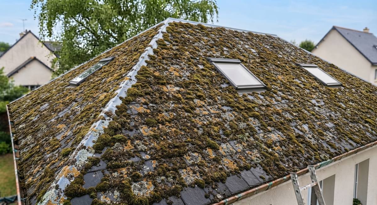 Toiture en ardoise recouverte de mousse et de lichens, avant les travaux