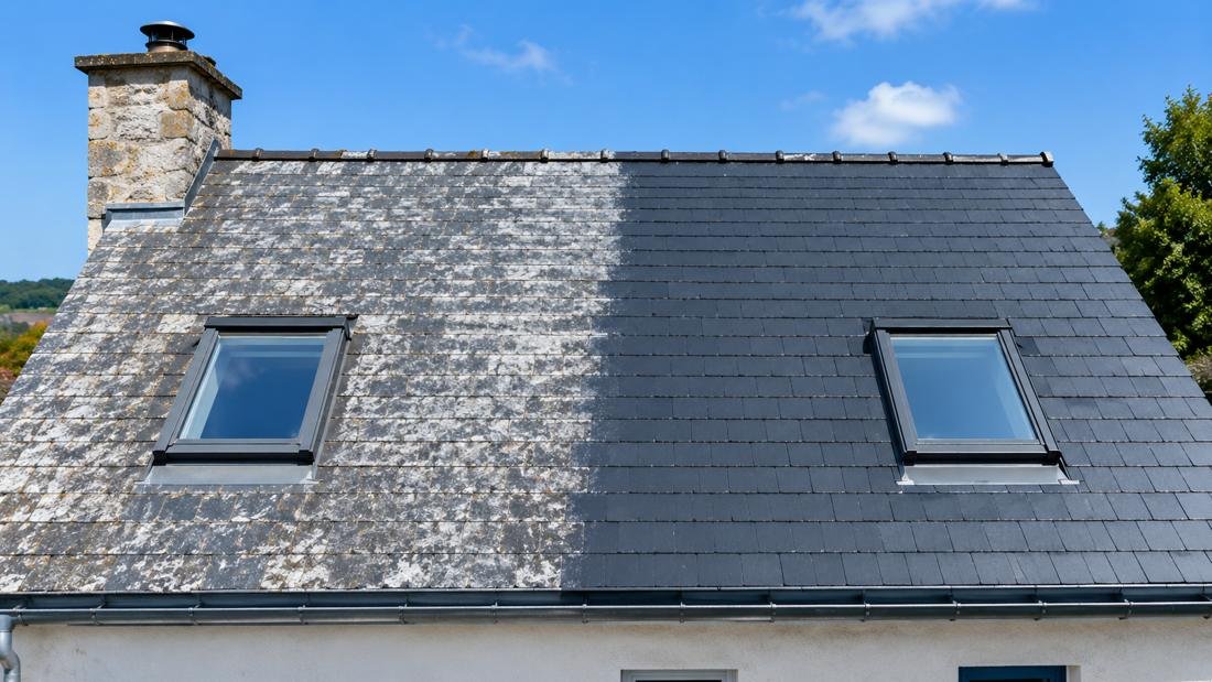 Toiture en ardoise : à gauche couverte de mousses et de lichens, à droite après traitement hydrofuge coloré ou résine
